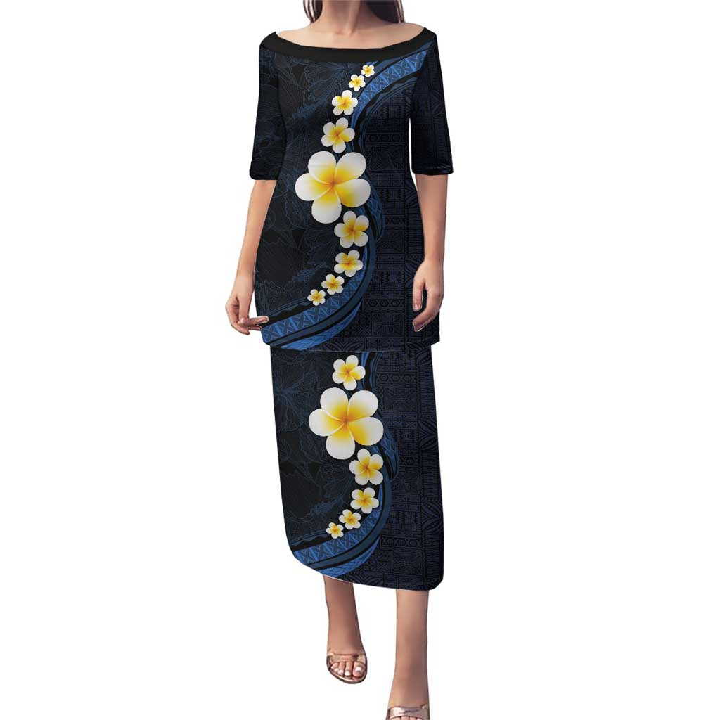 Pacific Hibiscus and Plumeria with Tapa Pattern Puletasi Dark Blue Color LT03 Long Dress Blue - Polynesian Pride