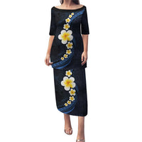 Pacific Hibiscus and Plumeria with Tapa Pattern Puletasi Dark Blue Color LT03 Long Dress Blue - Polynesian Pride