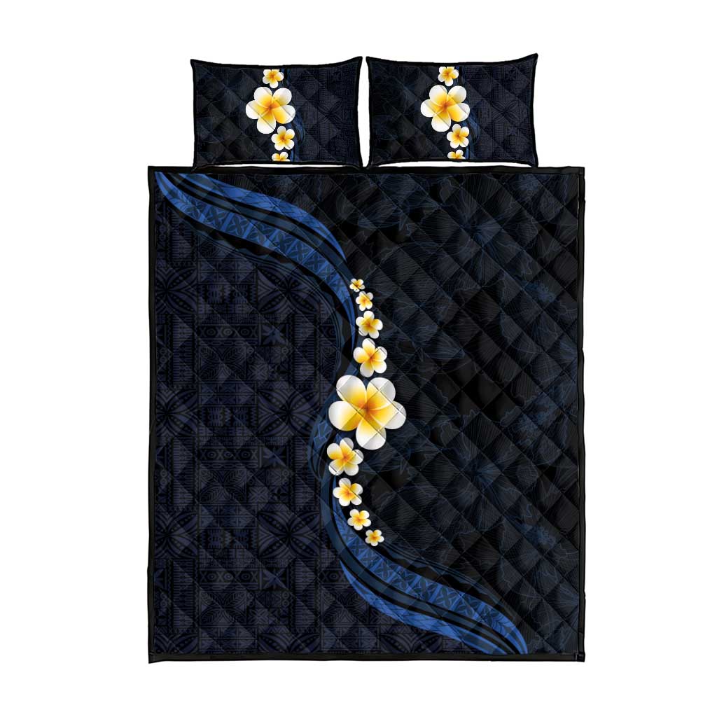 Pacific Hibiscus and Plumeria with Tapa Pattern Quilt Bed Set Dark Blue Color LT03 - Polynesian Pride