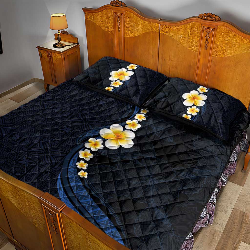 Pacific Hibiscus and Plumeria with Tapa Pattern Quilt Bed Set Dark Blue Color LT03 - Polynesian Pride