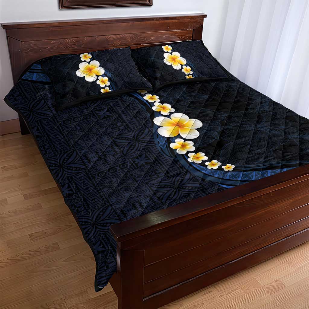 Pacific Hibiscus and Plumeria with Tapa Pattern Quilt Bed Set Dark Blue Color LT03 - Polynesian Pride