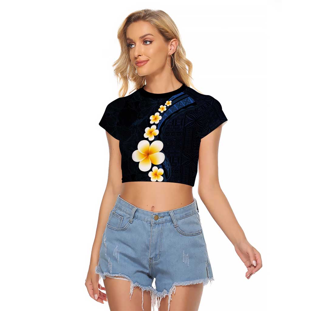 Pacific Hibiscus and Plumeria with Tapa Pattern Raglan Cropped T Shirt Dark Blue Color