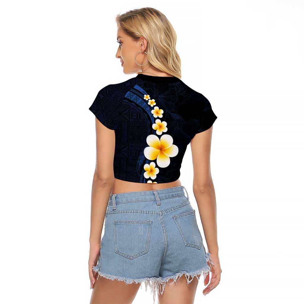 Pacific Hibiscus and Plumeria with Tapa Pattern Raglan Cropped T Shirt Dark Blue Color