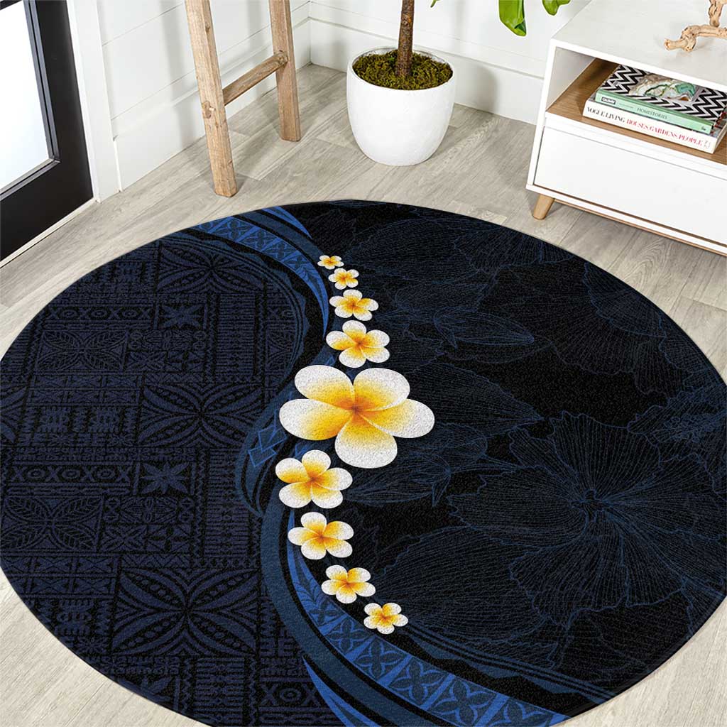 Pacific Hibiscus and Plumeria with Tapa Pattern Round Carpet Dark Blue Color