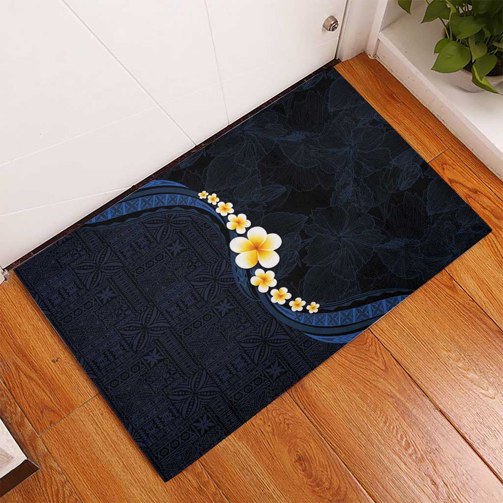 Pacific Hibiscus and Plumeria with Tapa Pattern Rubber Doormat Dark Blue Color LT03 - Polynesian Pride