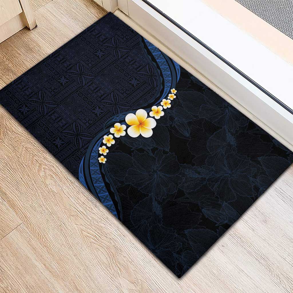 Pacific Hibiscus and Plumeria with Tapa Pattern Rubber Doormat Dark Blue Color LT03 - Polynesian Pride