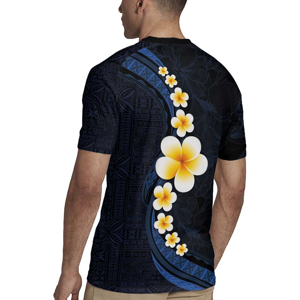 Pacific Hibiscus and Plumeria with Tapa Pattern Rugby Jersey Dark Blue Color