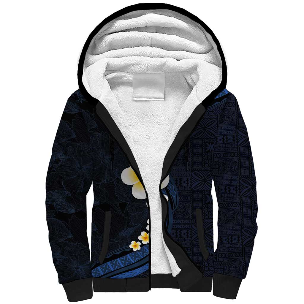 Pacific Hibiscus and Plumeria with Tapa Pattern Sherpa Hoodie Dark Blue Color LT03 Unisex Blue - Polynesian Pride