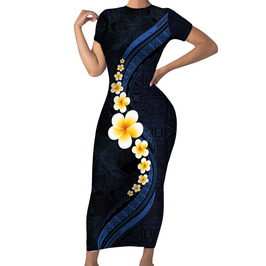 Pacific Hibiscus and Plumeria with Tapa Pattern Short Sleeve Bodycon Dress Dark Blue Color