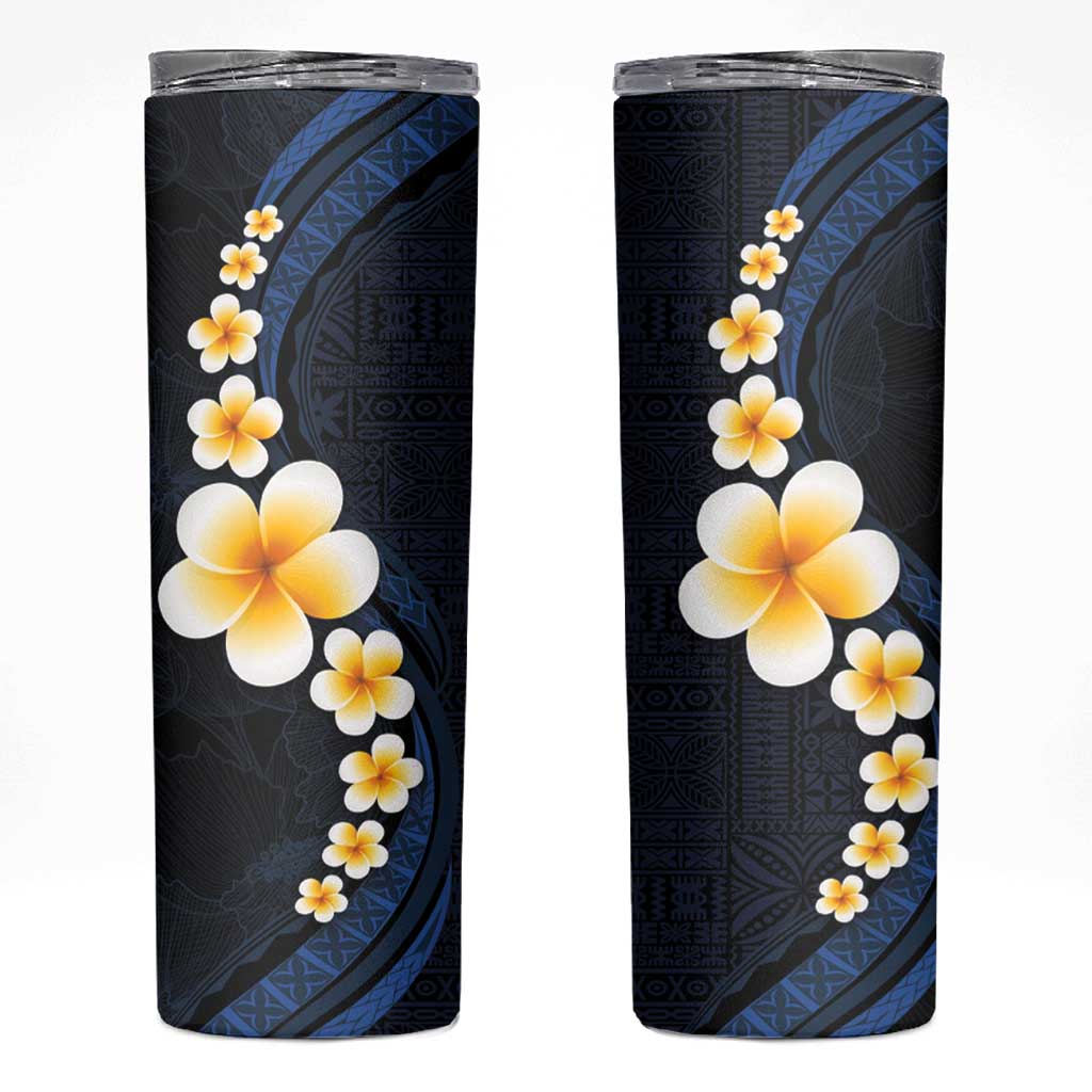 Pacific Hibiscus and Plumeria with Tapa Pattern Skinny Tumbler Dark Blue Color