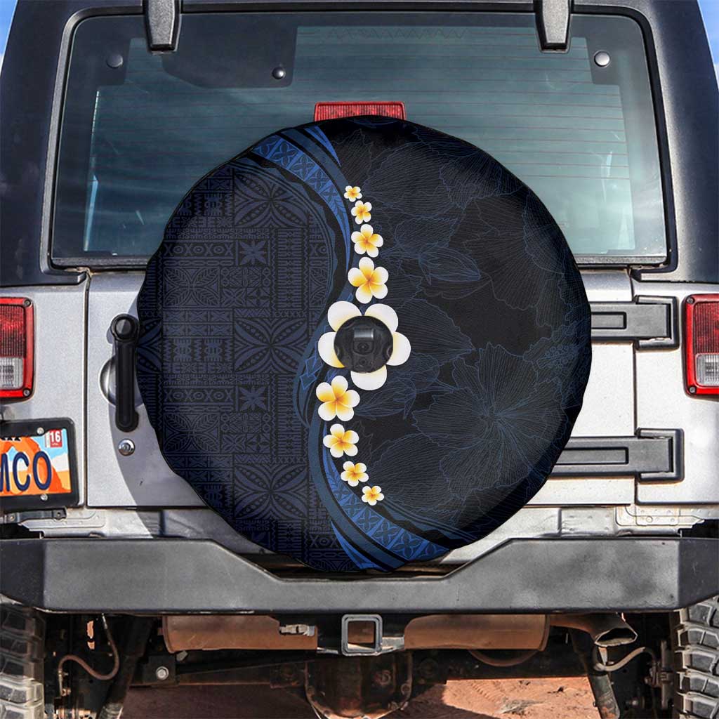 Pacific Hibiscus and Plumeria with Tapa Pattern Spare Tire Cover Dark Blue Color