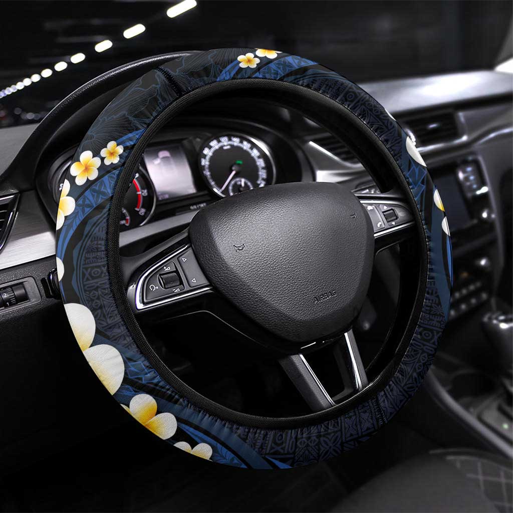 Pacific Hibiscus and Plumeria with Tapa Pattern Steering Wheel Cover Dark Blue Color