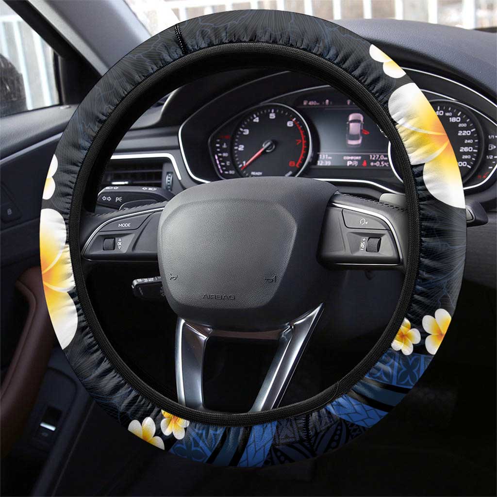 Pacific Hibiscus and Plumeria with Tapa Pattern Steering Wheel Cover Dark Blue Color LT03 - Polynesian Pride