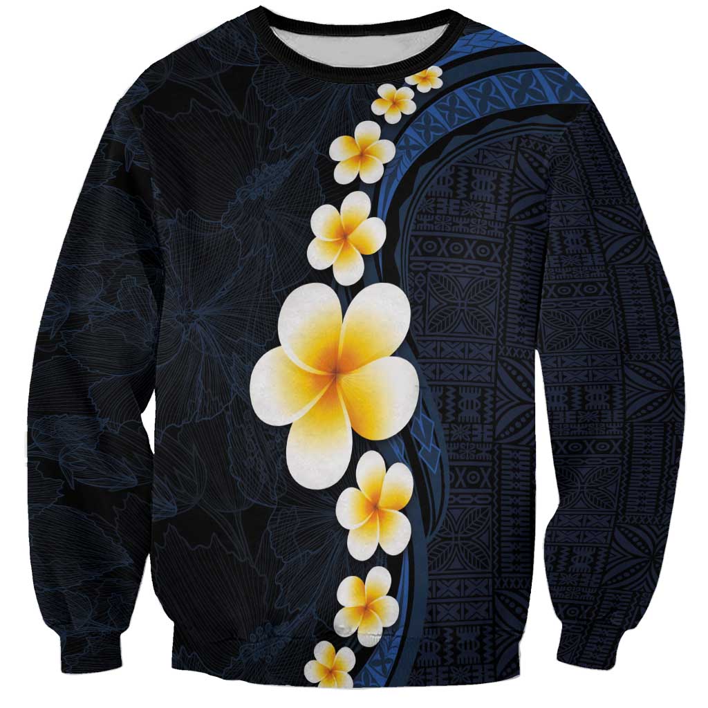 Pacific Hibiscus and Plumeria with Tapa Pattern Sweatshirt Dark Blue Color LT03 Unisex Blue - Polynesian Pride