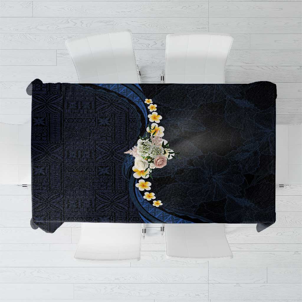 Pacific Hibiscus and Plumeria with Tapa Pattern Tablecloth Dark Blue Color LT03 Blue - Polynesian Pride