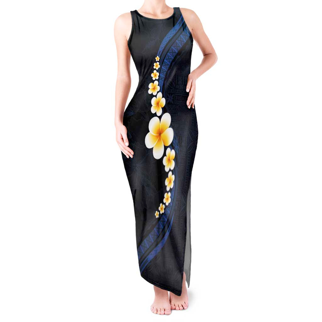 Pacific Hibiscus and Plumeria with Tapa Pattern Tank Maxi Dress Dark Blue Color LT03 Women Blue - Polynesian Pride