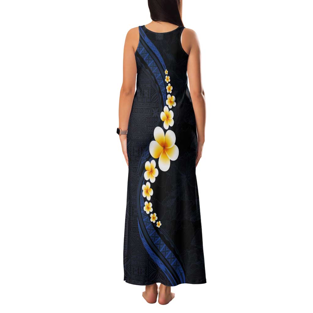 Pacific Hibiscus and Plumeria with Tapa Pattern Tank Maxi Dress Dark Blue Color LT03 - Polynesian Pride