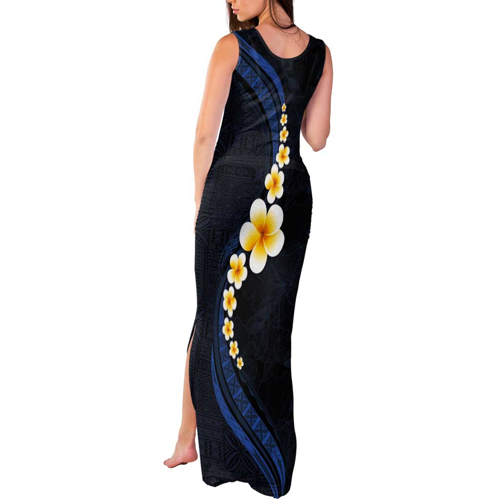 Pacific Hibiscus and Plumeria with Tapa Pattern Tank Maxi Dress Dark Blue Color LT03 - Polynesian Pride
