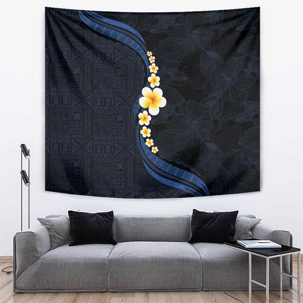 Pacific Hibiscus and Plumeria with Tapa Pattern Tapestry Dark Blue Color