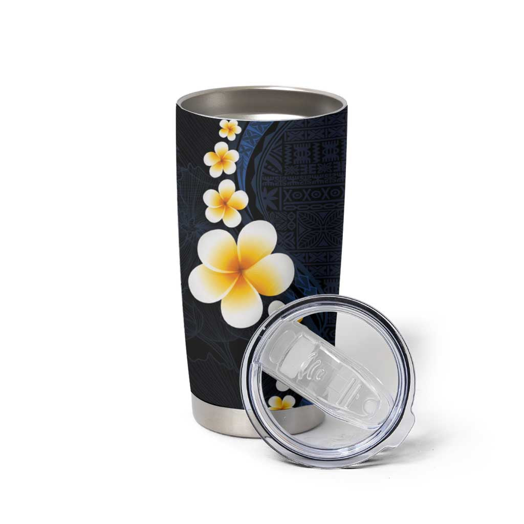 Pacific Hibiscus and Plumeria with Tapa Pattern Tumbler Cup Dark Blue Color LT03 - Polynesian Pride