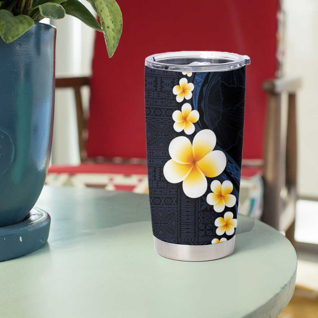 Pacific Hibiscus and Plumeria with Tapa Pattern Tumbler Cup Dark Blue Color LT03 - Polynesian Pride