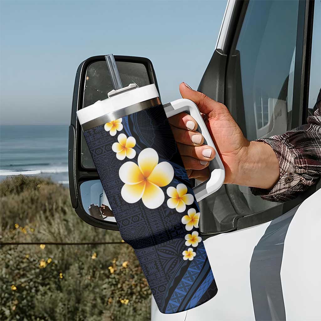 Pacific Hibiscus and Plumeria with Tapa Pattern Tumbler With Handle Dark Blue Color LT03 - Polynesian Pride