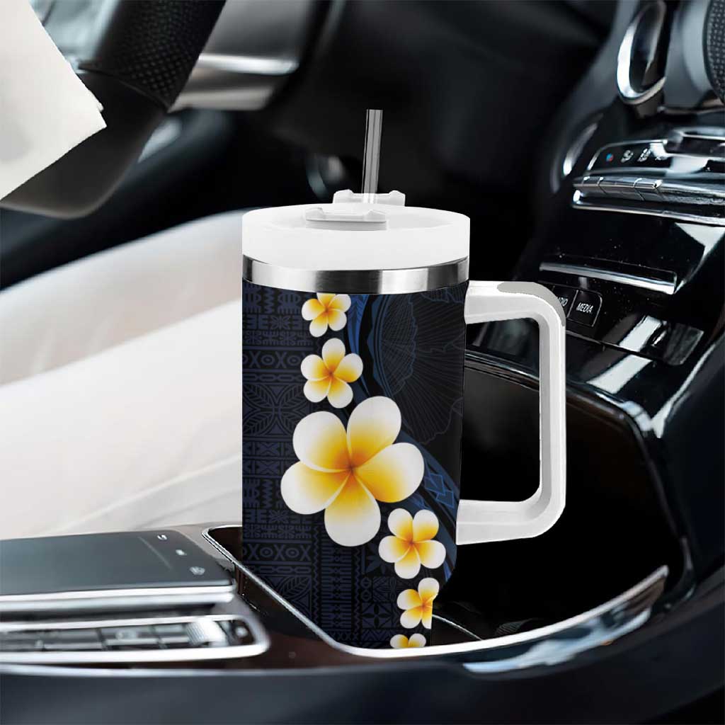 Pacific Hibiscus and Plumeria with Tapa Pattern Tumbler With Handle Dark Blue Color LT03 - Polynesian Pride