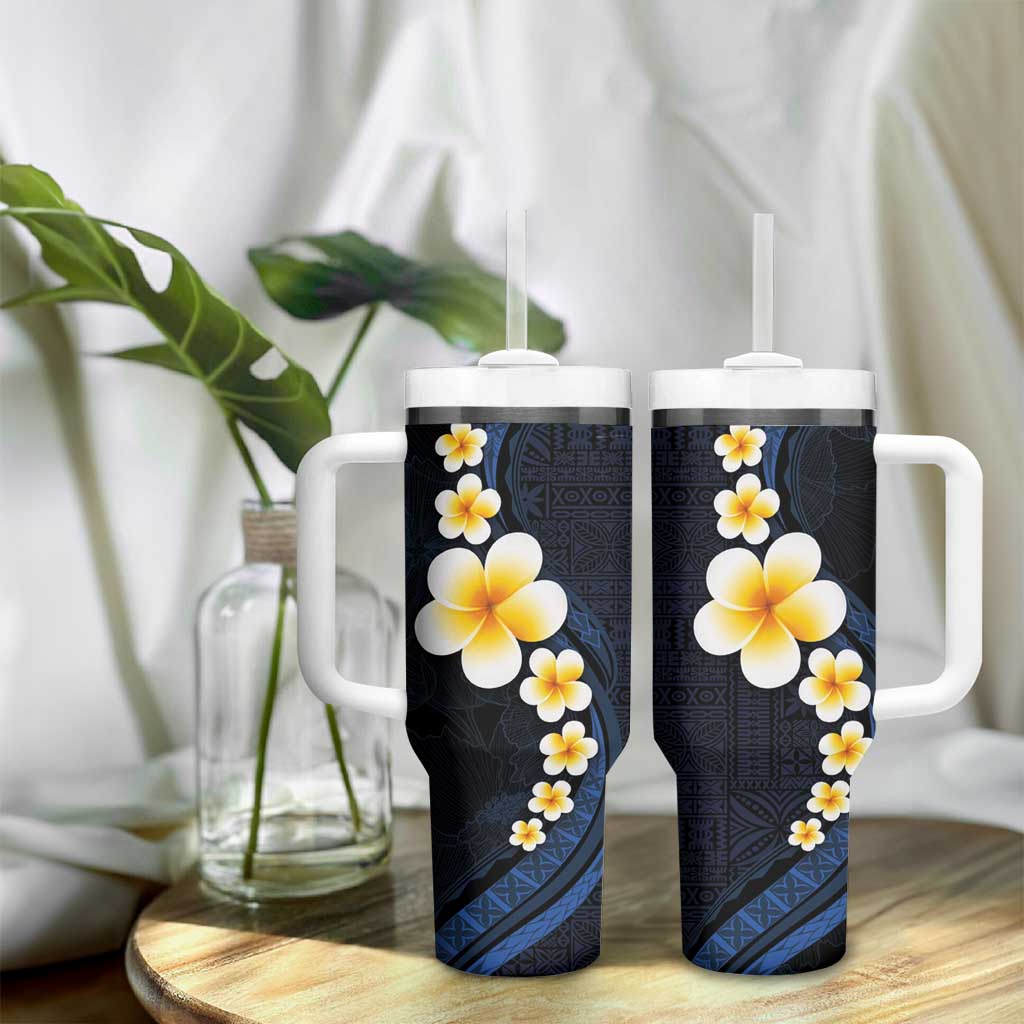 Pacific Hibiscus and Plumeria with Tapa Pattern Tumbler With Handle Dark Blue Color LT03 - Polynesian Pride