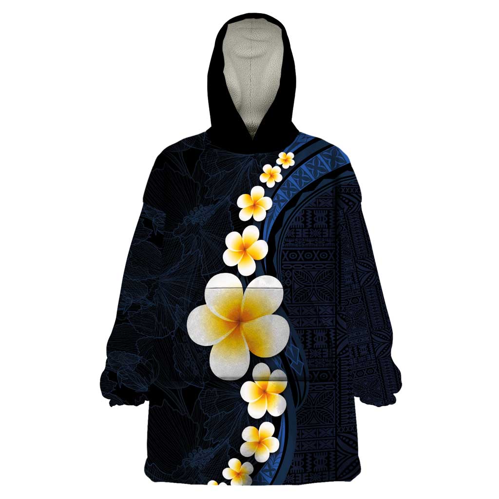 Pacific Hibiscus and Plumeria with Tapa Pattern Wearable Blanket Hoodie Dark Blue Color