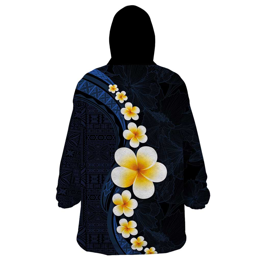 Pacific Hibiscus and Plumeria with Tapa Pattern Wearable Blanket Hoodie Dark Blue Color LT03 - Polynesian Pride