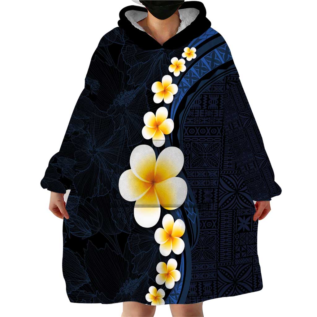 Pacific Hibiscus and Plumeria with Tapa Pattern Wearable Blanket Hoodie Dark Blue Color LT03 - Polynesian Pride