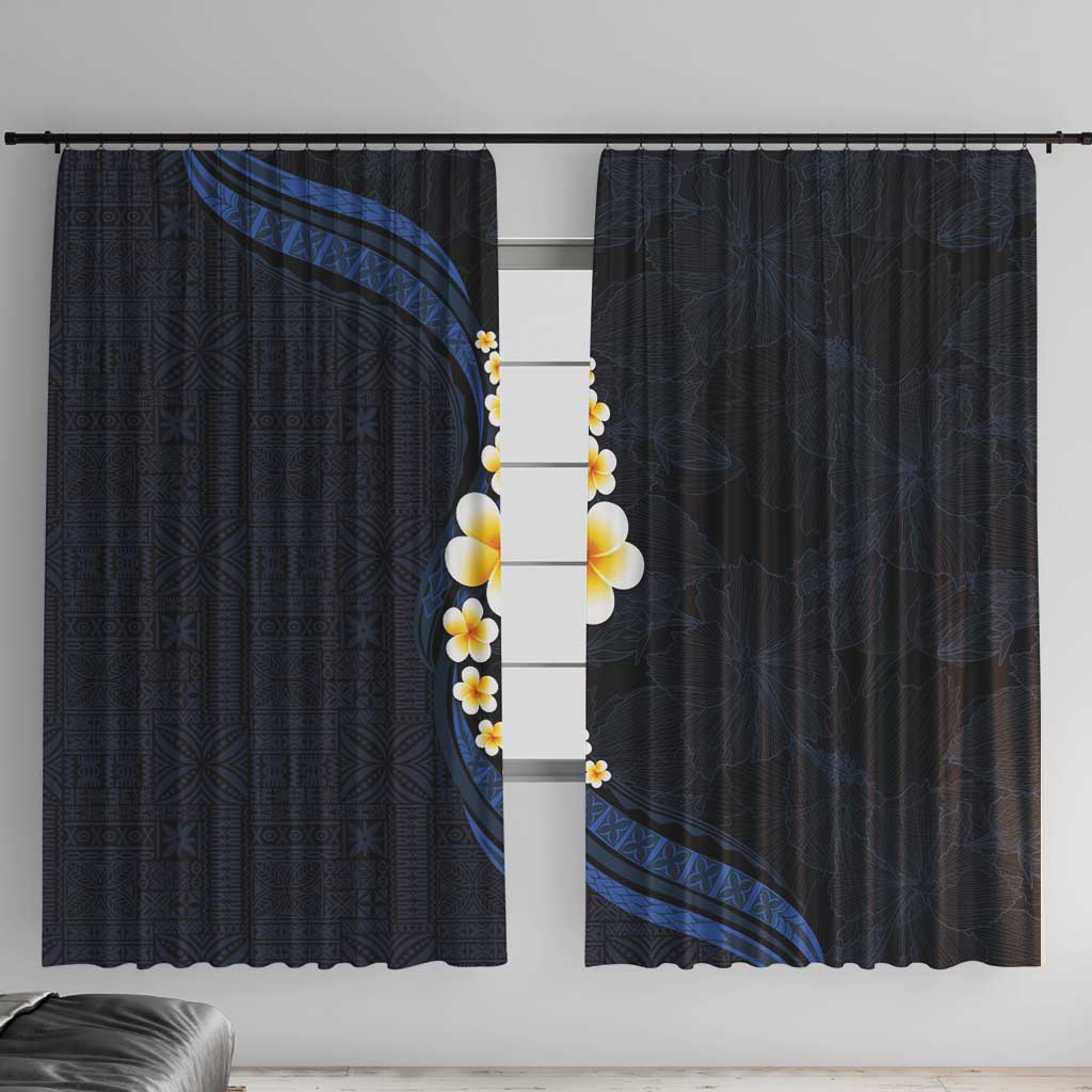 Pacific Hibiscus and Plumeria with Tapa Pattern Window Curtain Dark Blue Color