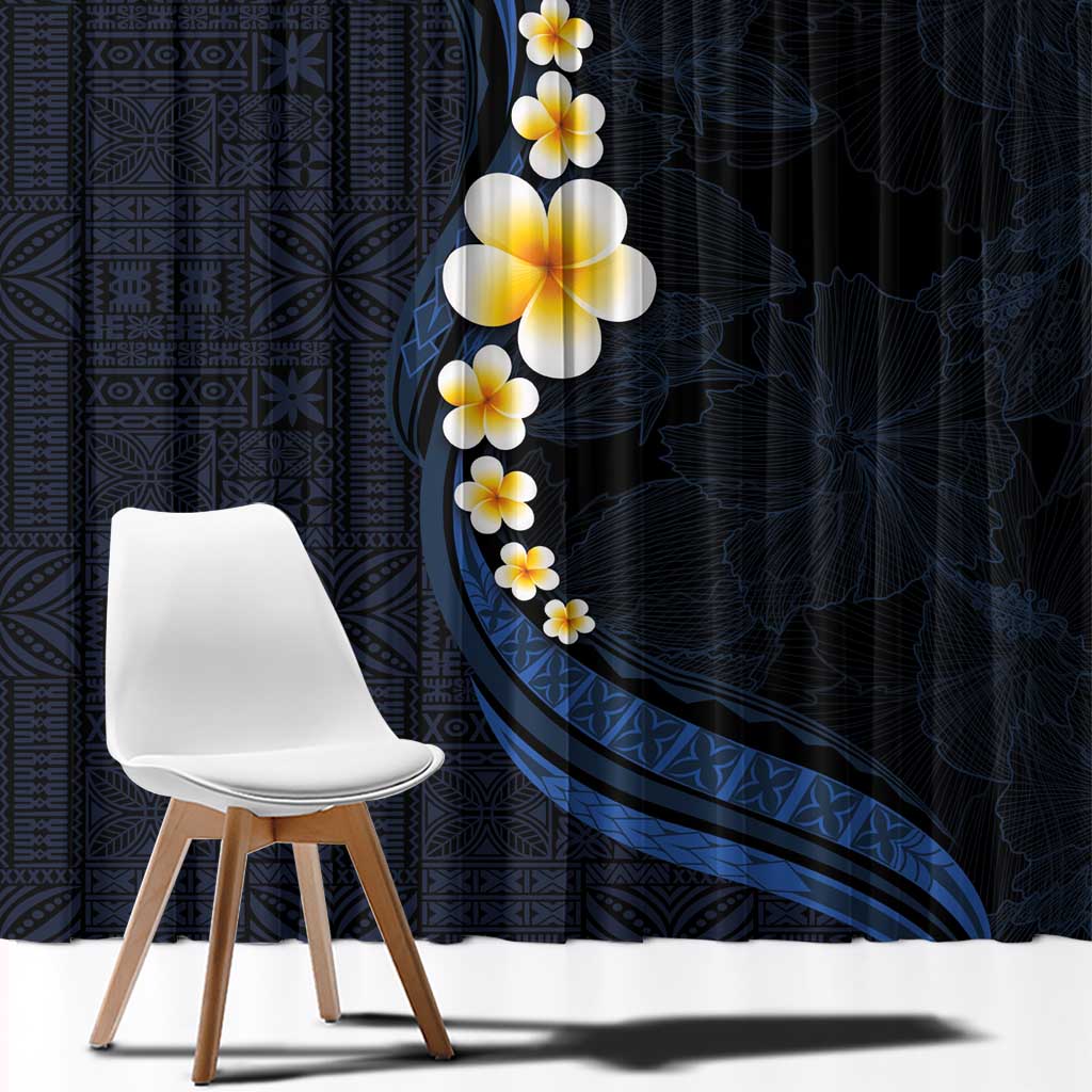 Pacific Hibiscus and Plumeria with Tapa Pattern Window Curtain Dark Blue Color LT03 - Polynesian Pride