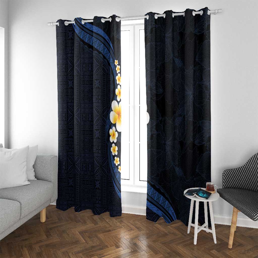 Pacific Hibiscus and Plumeria with Tapa Pattern Window Curtain Dark Blue Color LT03 With Grommets Blue - Polynesian Pride