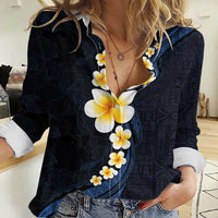 Pacific Hibiscus and Plumeria with Tapa Pattern Women Casual Shirt Dark Blue Color