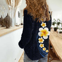 Pacific Hibiscus and Plumeria with Tapa Pattern Women Casual Shirt Dark Blue Color