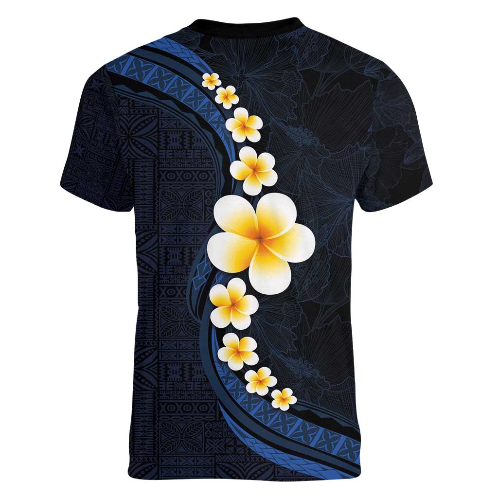 Pacific Hibiscus and Plumeria with Tapa Pattern Women V-Neck T-Shirt Dark Blue Color