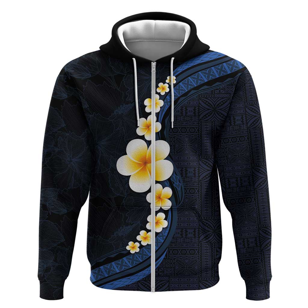 Pacific Hibiscus and Plumeria with Tapa Pattern Zip Hoodie Dark Blue Color