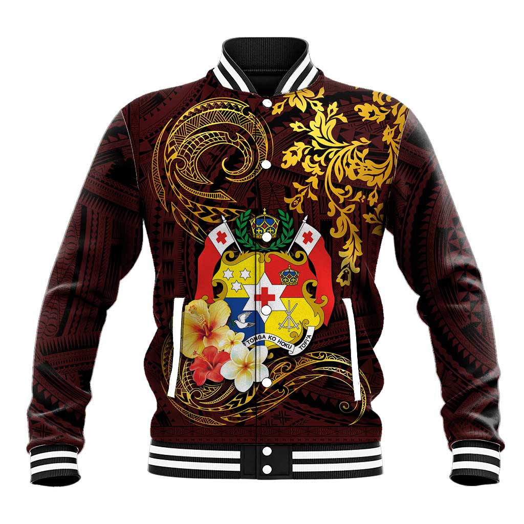 Tonga Ngatu and Hibiscus with Polynesian Tattoo Baseball Jacket Gold and Oxblood Color