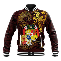 Tonga Ngatu and Hibiscus with Polynesian Tattoo Baseball Jacket Gold and Oxblood Color LT03 Unisex Oxblood - Polynesian Pride