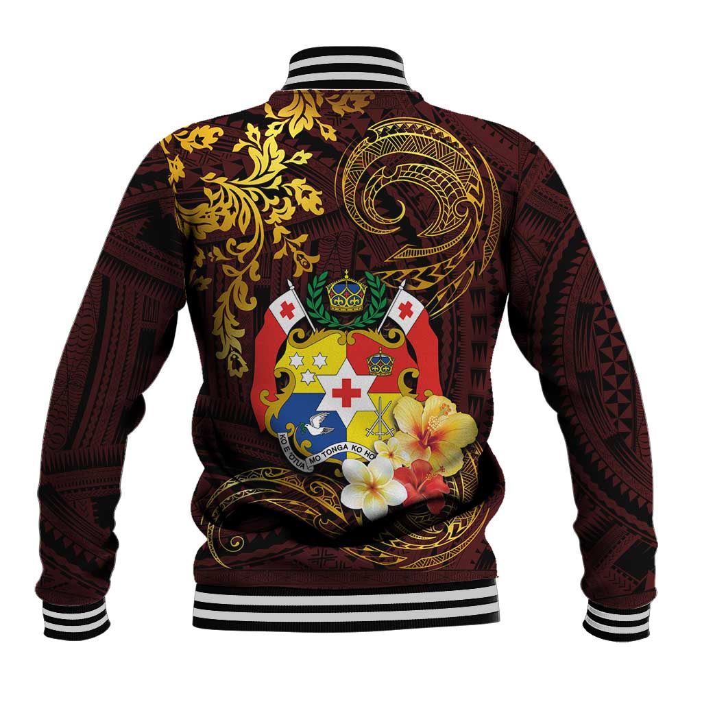 Tonga Ngatu and Hibiscus with Polynesian Tattoo Baseball Jacket Gold and Oxblood Color LT03 - Polynesian Pride