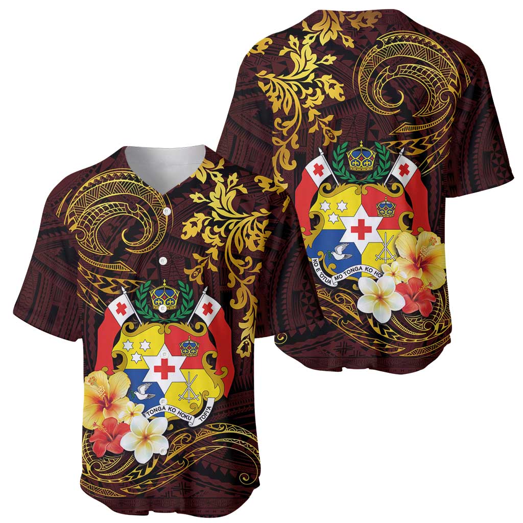 Tonga Ngatu and Hibiscus with Polynesian Tattoo Baseball Jersey Gold and Oxblood Color