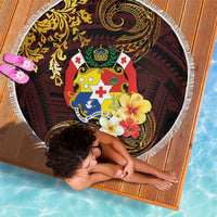 Tonga Ngatu and Hibiscus with Polynesian Tattoo Beach Blanket Gold and Oxblood Color LT03 - Polynesian Pride