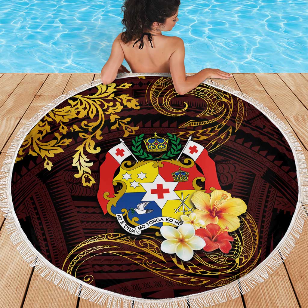 Tonga Ngatu and Hibiscus with Polynesian Tattoo Beach Blanket Gold and Oxblood Color LT03 - Polynesian Pride