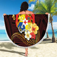Tonga Ngatu and Hibiscus with Polynesian Tattoo Beach Blanket Gold and Oxblood Color LT03 - Polynesian Pride