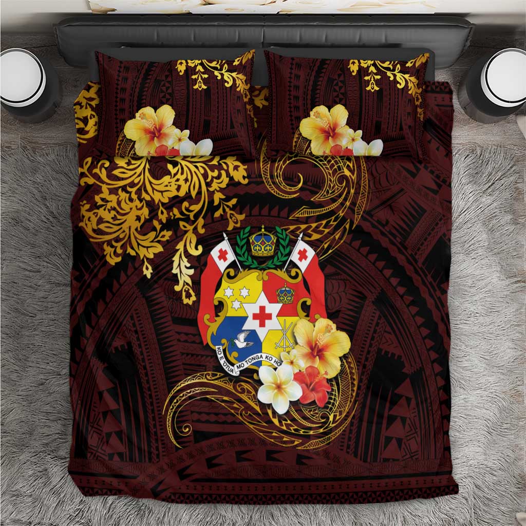 Tonga Ngatu and Hibiscus with Polynesian Tattoo Bedding Set Gold and Oxblood Color