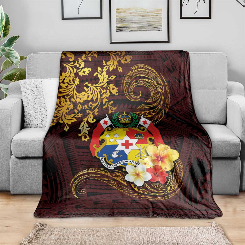 Tonga Ngatu and Hibiscus with Polynesian Tattoo Blanket Gold and Oxblood Color LT03 - Polynesian Pride