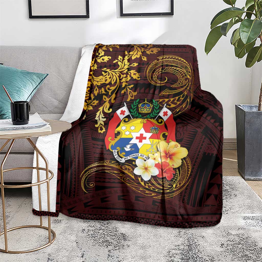 Tonga Ngatu and Hibiscus with Polynesian Tattoo Blanket Gold and Oxblood Color LT03 - Polynesian Pride