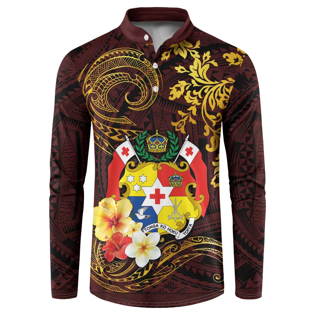 Tonga Ngatu and Hibiscus with Polynesian Tattoo Button Sweatshirt Gold and Oxblood Color LT03 Oxblood - Polynesian Pride