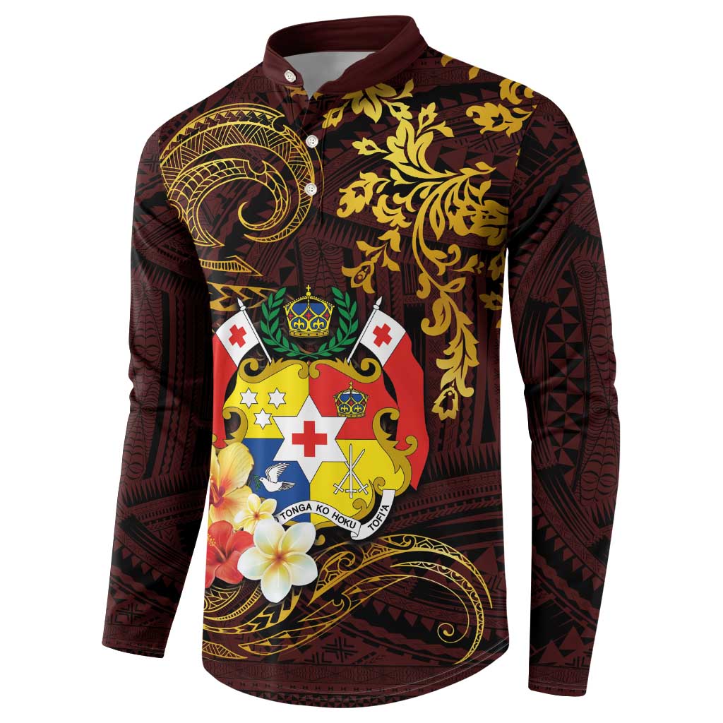 Tonga Ngatu and Hibiscus with Polynesian Tattoo Button Sweatshirt Gold and Oxblood Color LT03 - Polynesian Pride